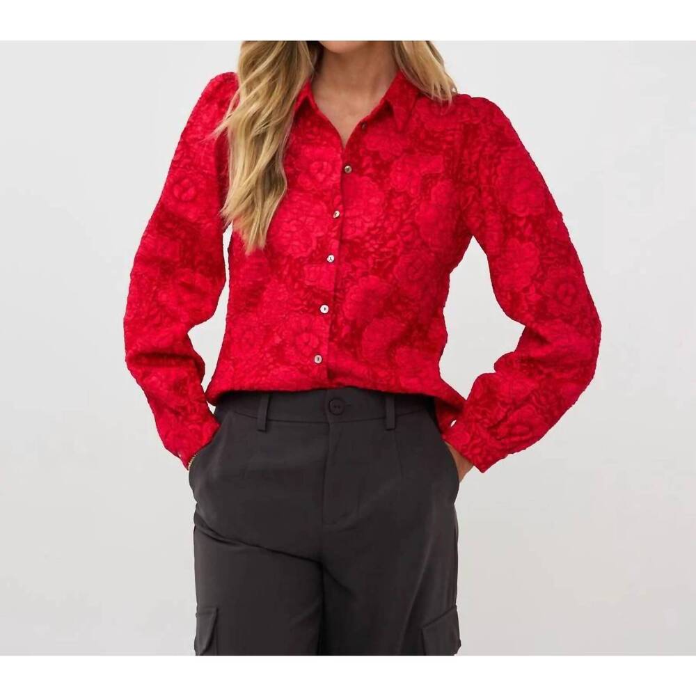NEW ESQUALO brandee two-tone flower jacquard blouse in red